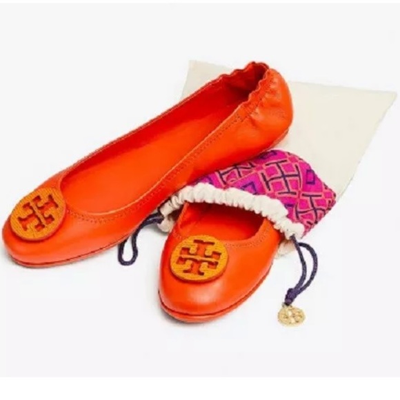 TORY BURCH Minnie Orange Leather Flats In Box 6.5 - Picture 3 of 8